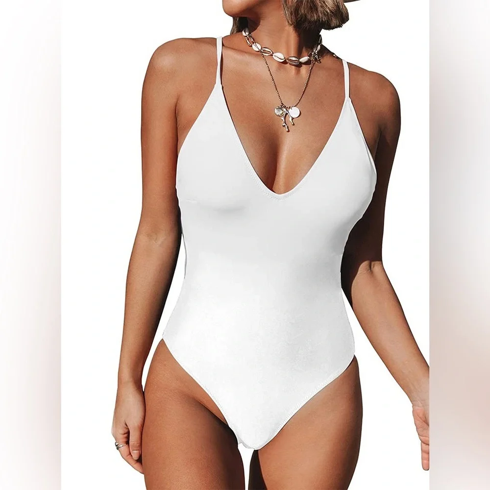 One Piece Swimsuit Sexy V Neck Cross Back Bathing Suit High Cut Backless White S